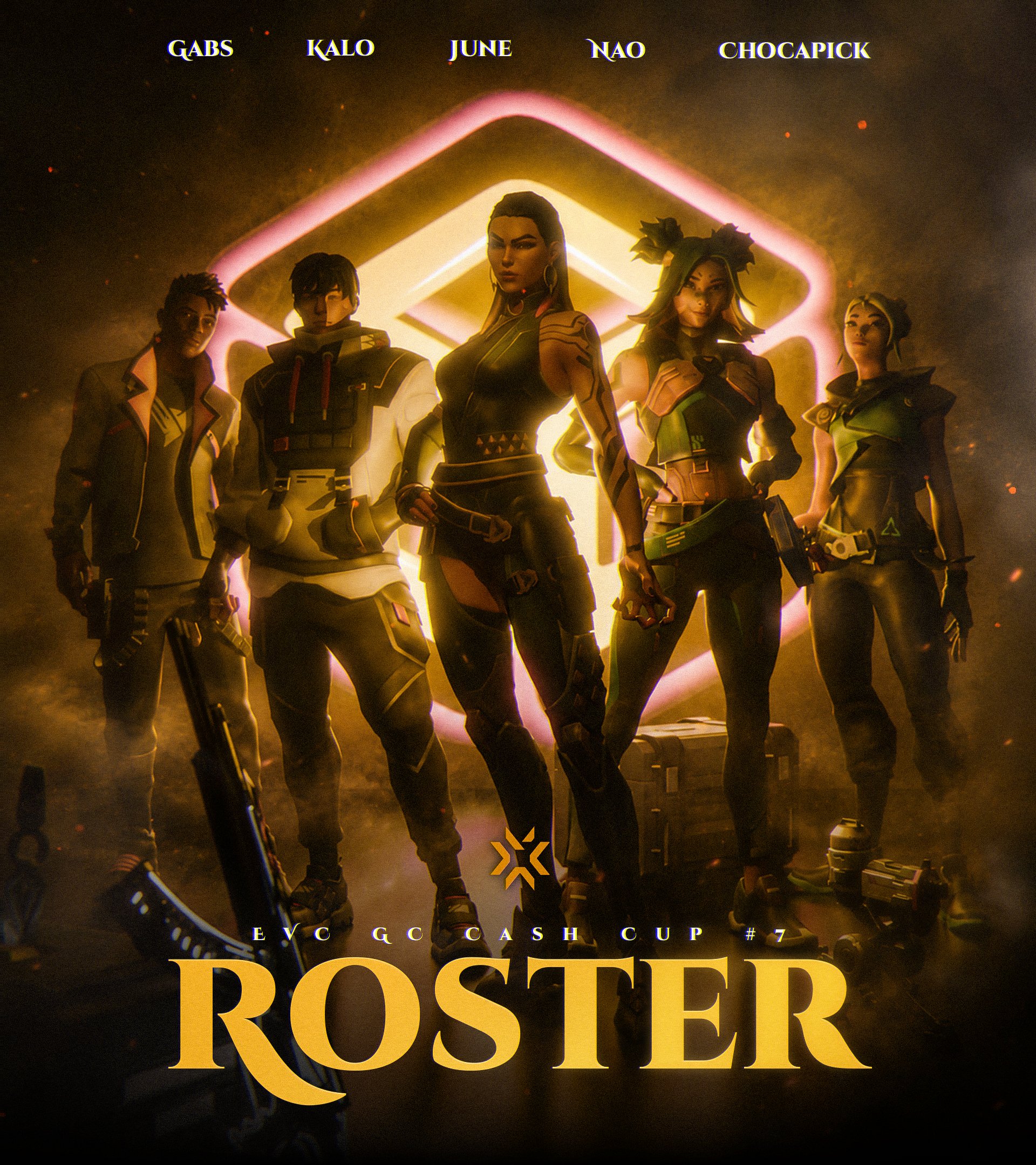 Affiche officielle présentant Gabs, Kalo, June, Nao et Chocapick dans le roster Valorant Game Changers de Pandore